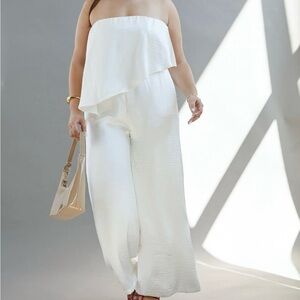 Strapless Satin White Wide-Leg Jumpsuit